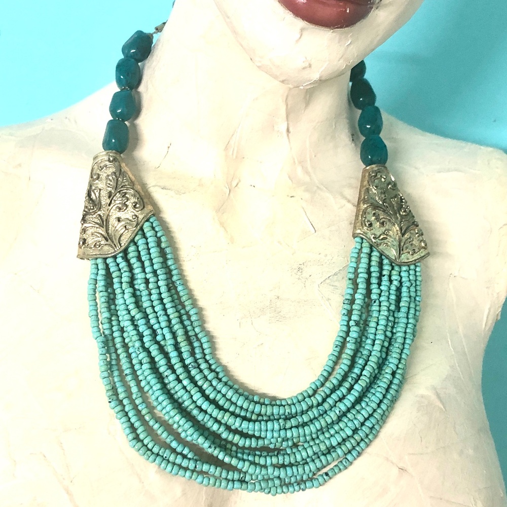 Southwest Style Silver/Turquoise Seed Bead Multi Strand Bib Statement Necklace